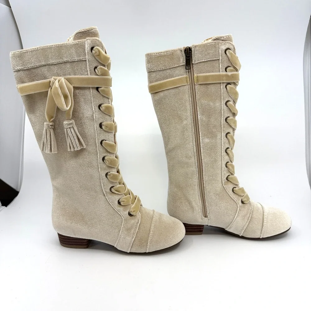 Joyfolie Marija Tall Boots Champagne Velvet Lace Up Tassel Kids Size 12 NEW